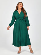 Plus V-Neck Belted Lantern Sleeve Maxi Dress
