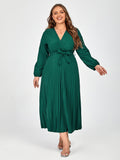 Plus V-Neck Belted Lantern Sleeve Maxi Dress
