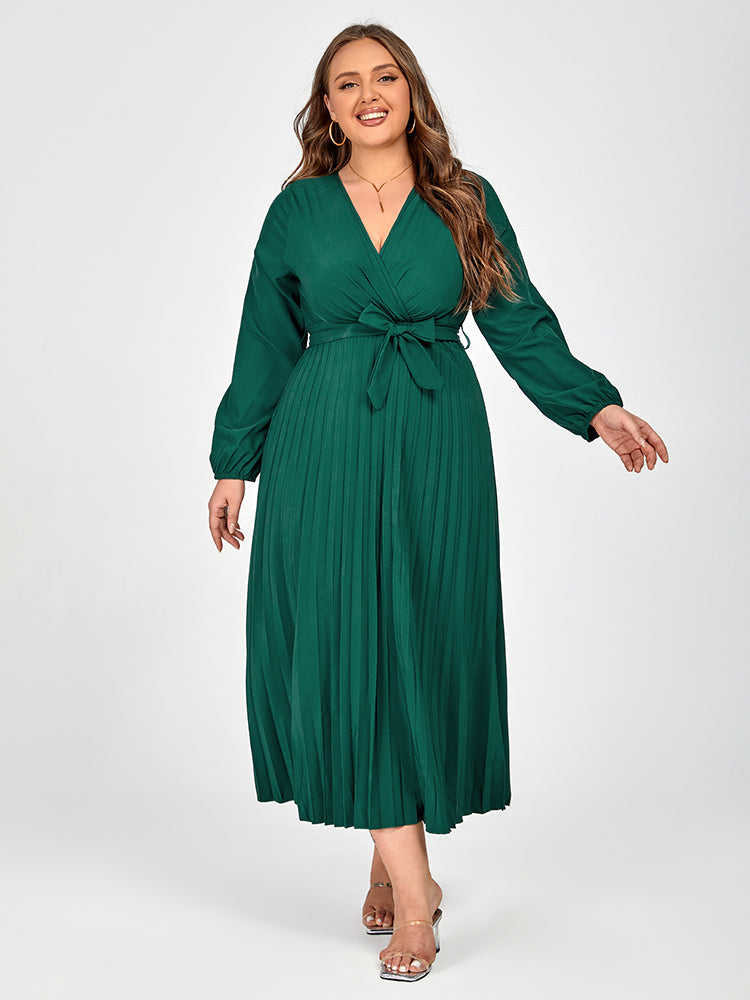 Plus V-Neck Belted Lantern Sleeve Maxi Dress