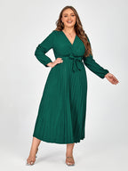 Plus V-Neck Belted Lantern Sleeve Maxi Dress