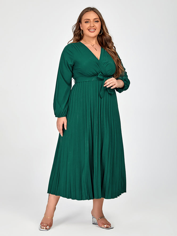 Plus V-Neck Belted Lantern Sleeve Maxi Dress