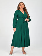 Plus V-Neck Belted Lantern Sleeve Maxi Dress