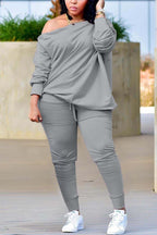 Xpluswear Plus Size Casual Burgundy Long Sleeves Oblique Collar Two Pieces Set