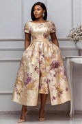 Xpluswear Design Plus Size Wedding Guest Elegant Champagne Floral Short Sleeve Pocket Satin Midi Dresses