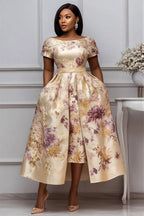 Xpluswear Design Plus Size Wedding Guest Elegant Champagne Floral Short Sleeve Pocket Satin Midi Dresses