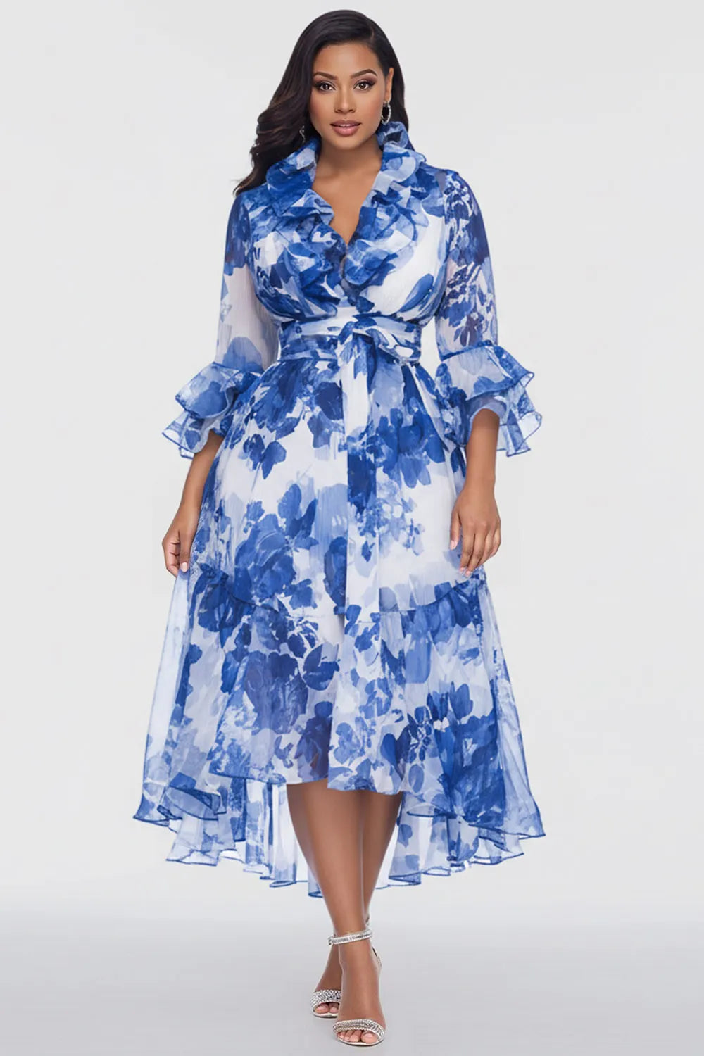 Xpluswear Design Plus Size Vacation Blue Floral V Neck 3/4 Sleeve Ruffle Chiffon Midi Dresses