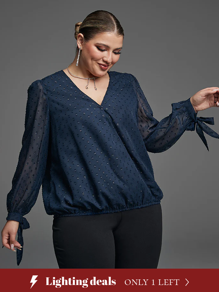 Swiss Dot Knot Cuff Elastic Hem Blouse