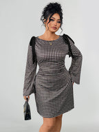 Round Neck Plaid Bow Flare Sleeve Dress