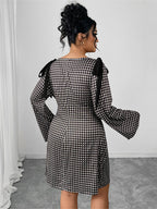 Round Neck Plaid Bow Flare Sleeve Dress