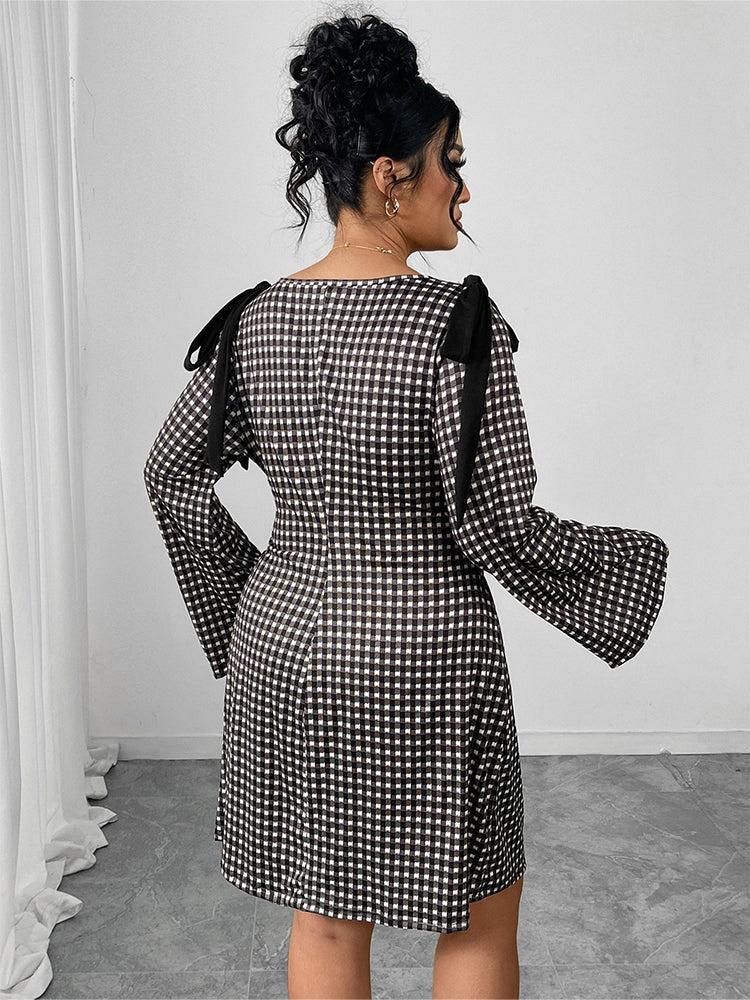 Round Neck Plaid Bow Flare Sleeve Dress