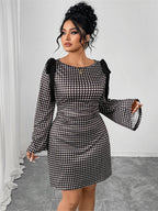 Round Neck Plaid Bow Flare Sleeve Dress
