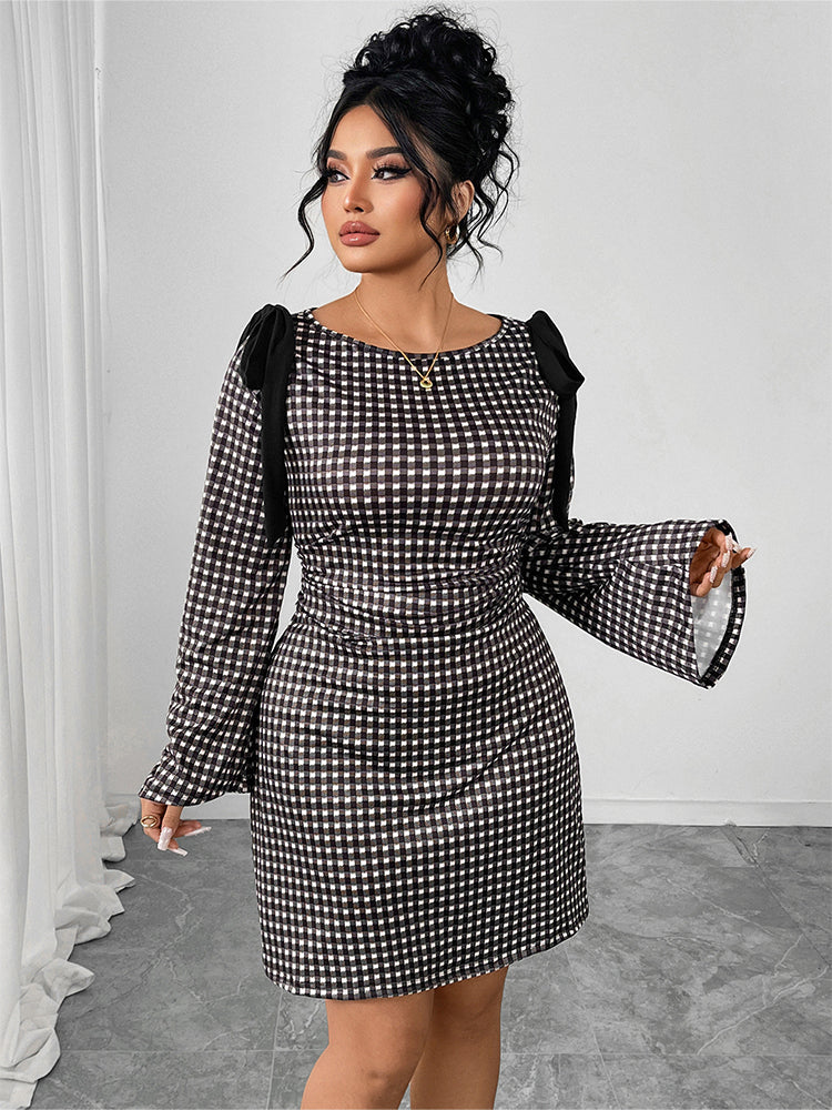 Round Neck Plaid Bow Flare Sleeve Dress
