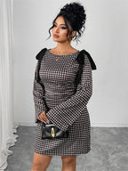 Round Neck Plaid Bow Flare Sleeve Dress