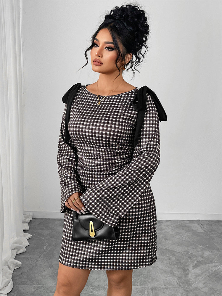 Round Neck Plaid Bow Flare Sleeve Dress