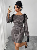 Round Neck Plaid Bow Flare Sleeve Dress
