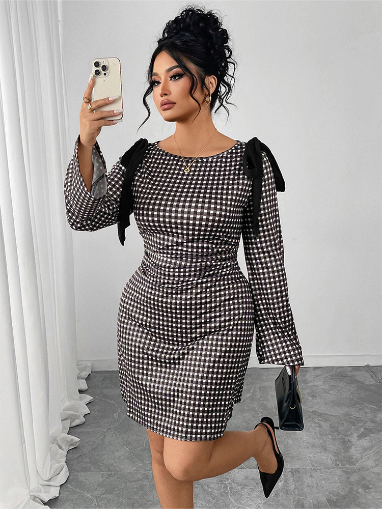 Round Neck Plaid Bow Flare Sleeve Dress