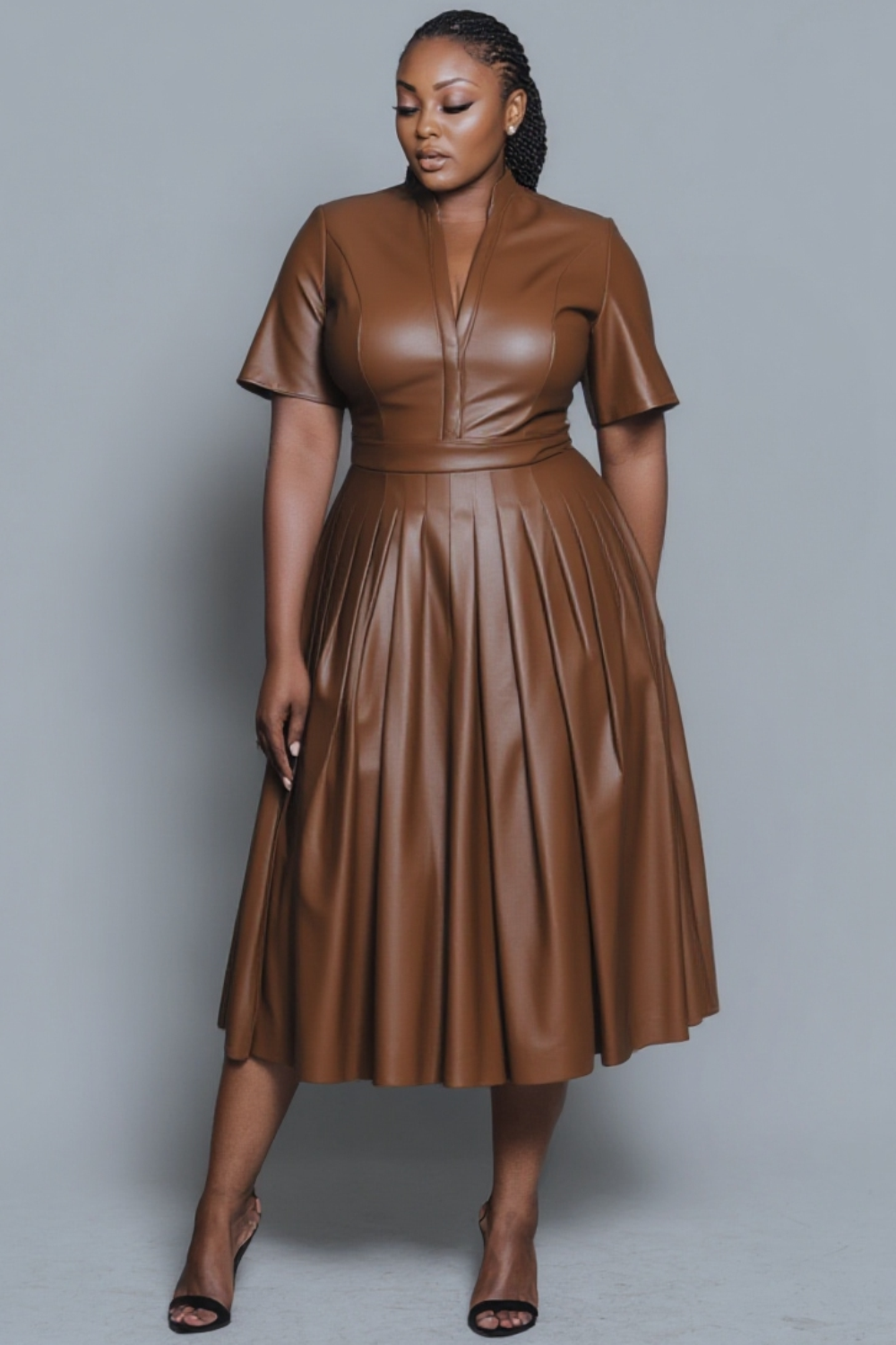 Xpluswear Design Plus Size Business Casual Brown V Neck Short Sleeve Pleated Elegant PU Leather Midi Dresses