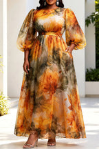 Xpluswear Design Plus Size Formal Orange Floral Round Neck Lantern Sleeve 3/4 Sleeve Pocket Organza Maxi Dresses [Pre-Order]