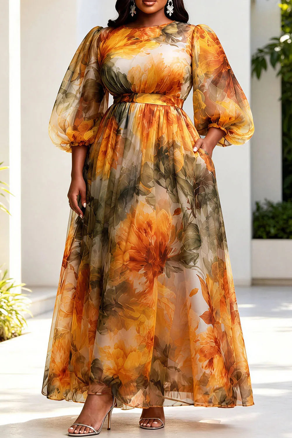 Xpluswear Design Plus Size Formal Orange Floral Round Neck Lantern Sleeve 3/4 Sleeve Pocket Organza Maxi Dresses [Pre-Order]