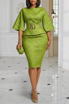 Xpluswear Design Plus Size Business Casual Green Round Neck Flare 3/4 Sleeve Bodycon Two Piece Skirt Sets