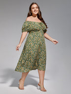 VIP Plus Sage Green Off-Shoulder Ruched Tie Front Midi Dress