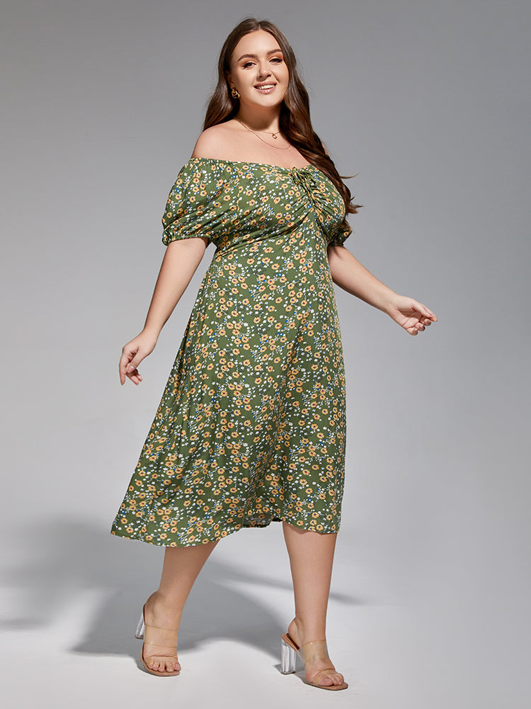 VIP Plus Sage Green Off-Shoulder Ruched Tie Front Midi Dress