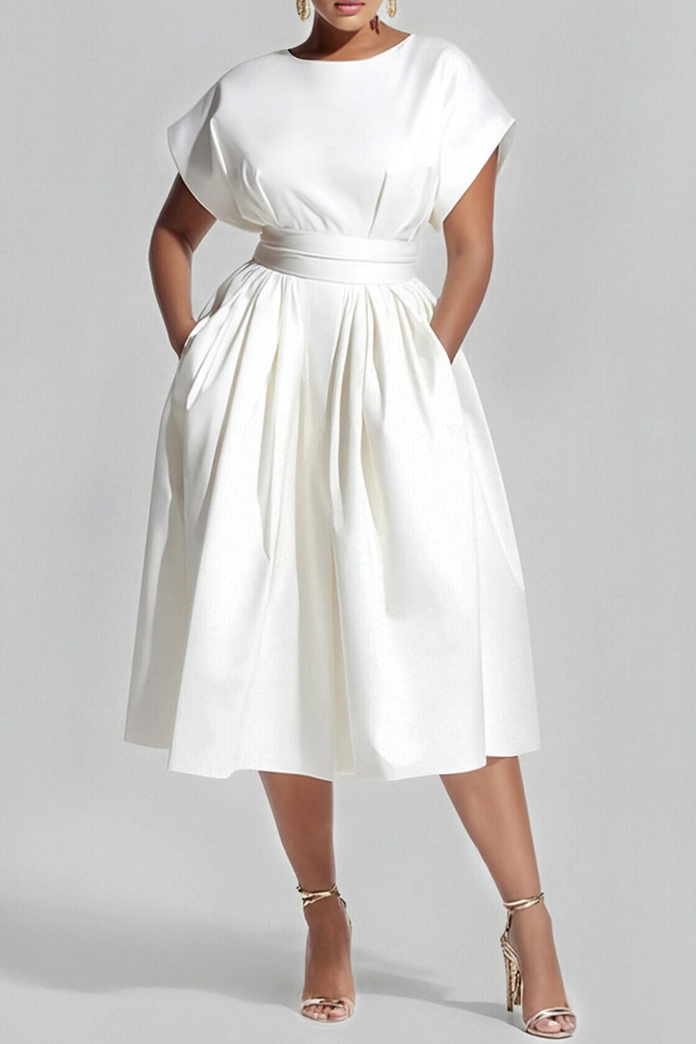 Xpluswear Design Plus Size Daily White Round Neck Short Sleeve Pocket Midi Dresses
