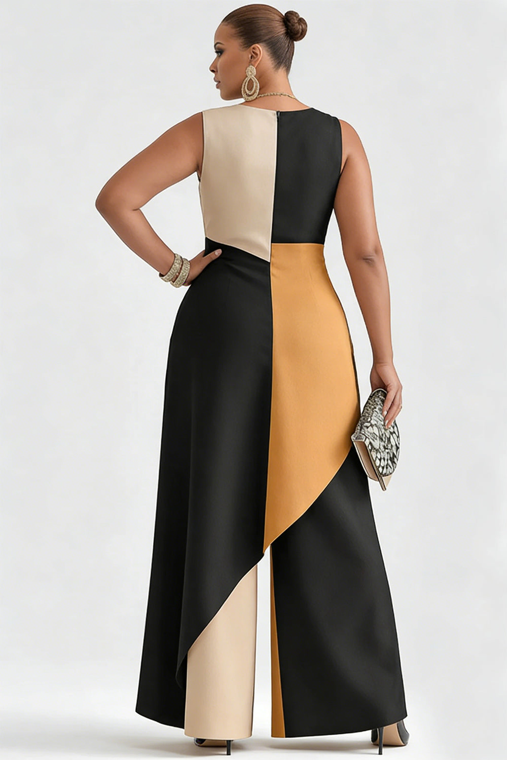 Xpluswear Design Plus Size Business Casual Multicolor Colorblock Round Neck Asymmetric Hem Pocket Two Piece Pant Sets