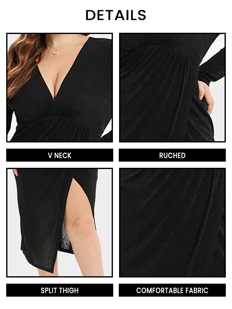 Solid Split Thigh V-Neck Ruched Midi Dress