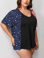 Plus Striped Star Patchwork V-Neck Tee