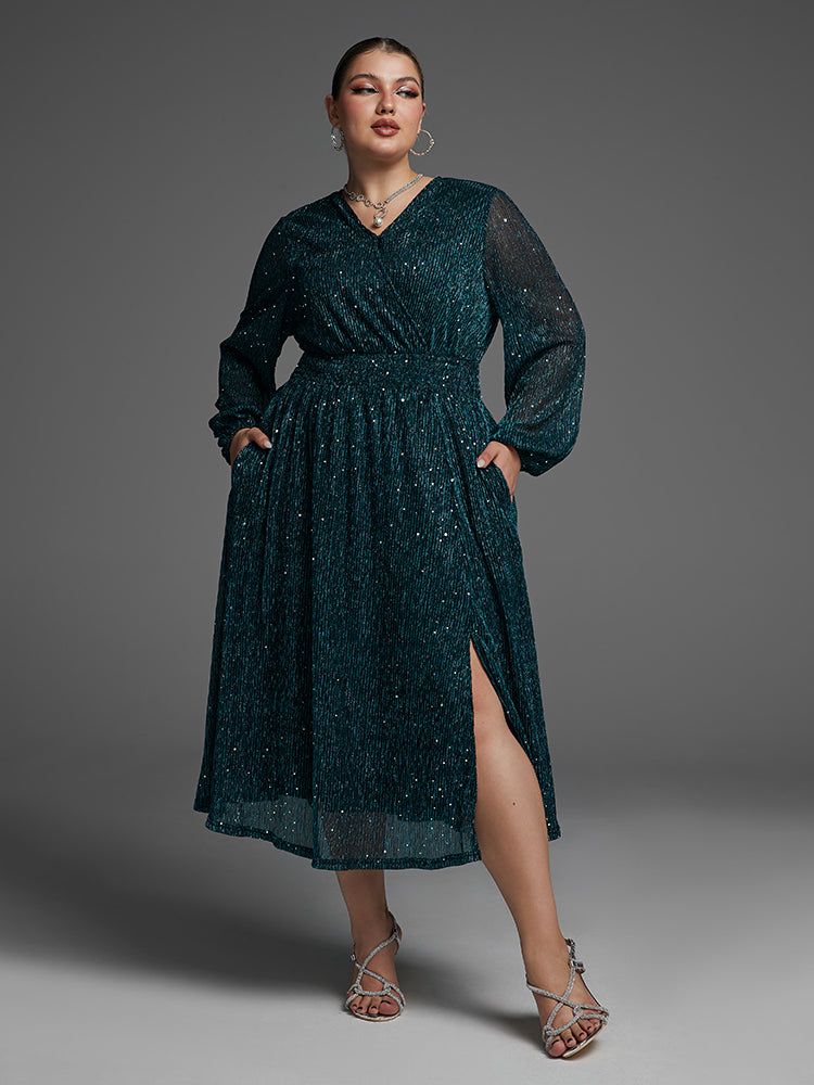 VIP Pocket Elastic Waist Split Sequin Dress