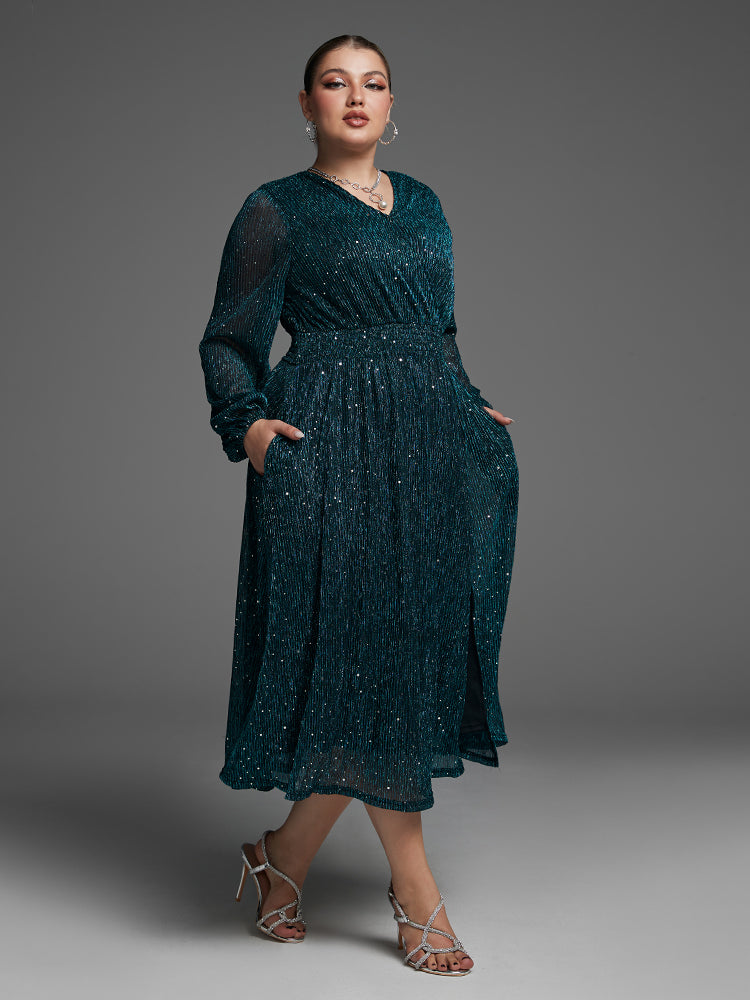 VIP Pocket Elastic Waist Split Sequin Dress
