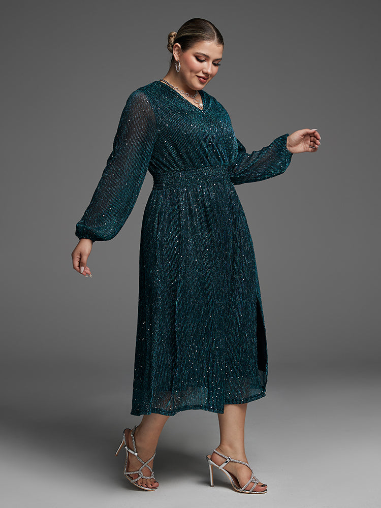VIP Pocket Elastic Waist Split Sequin Dress