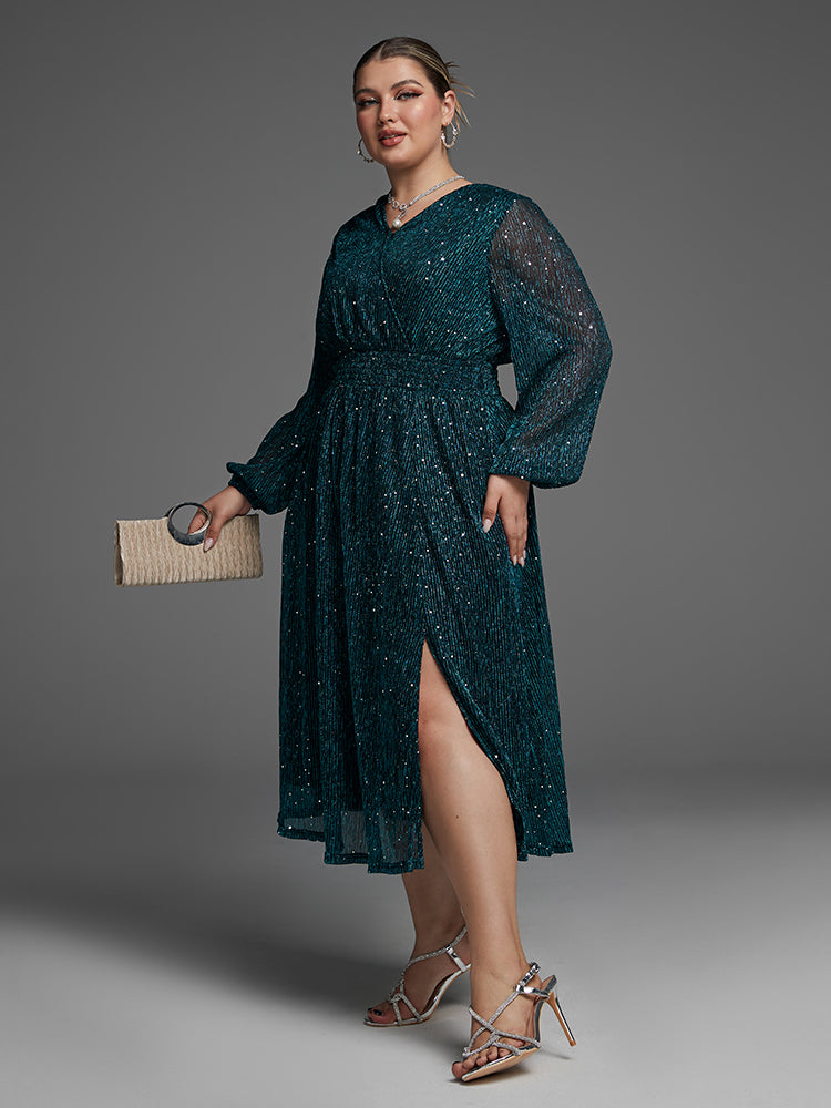 VIP Pocket Elastic Waist Split Sequin Dress