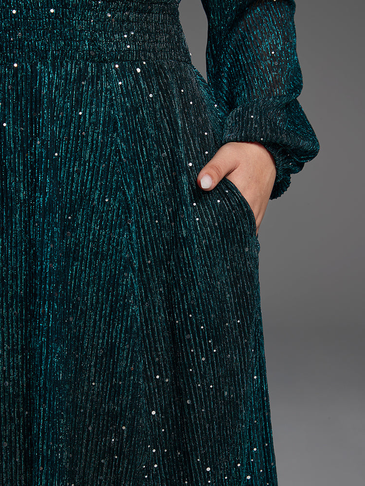 VIP Pocket Elastic Waist Split Sequin Dress