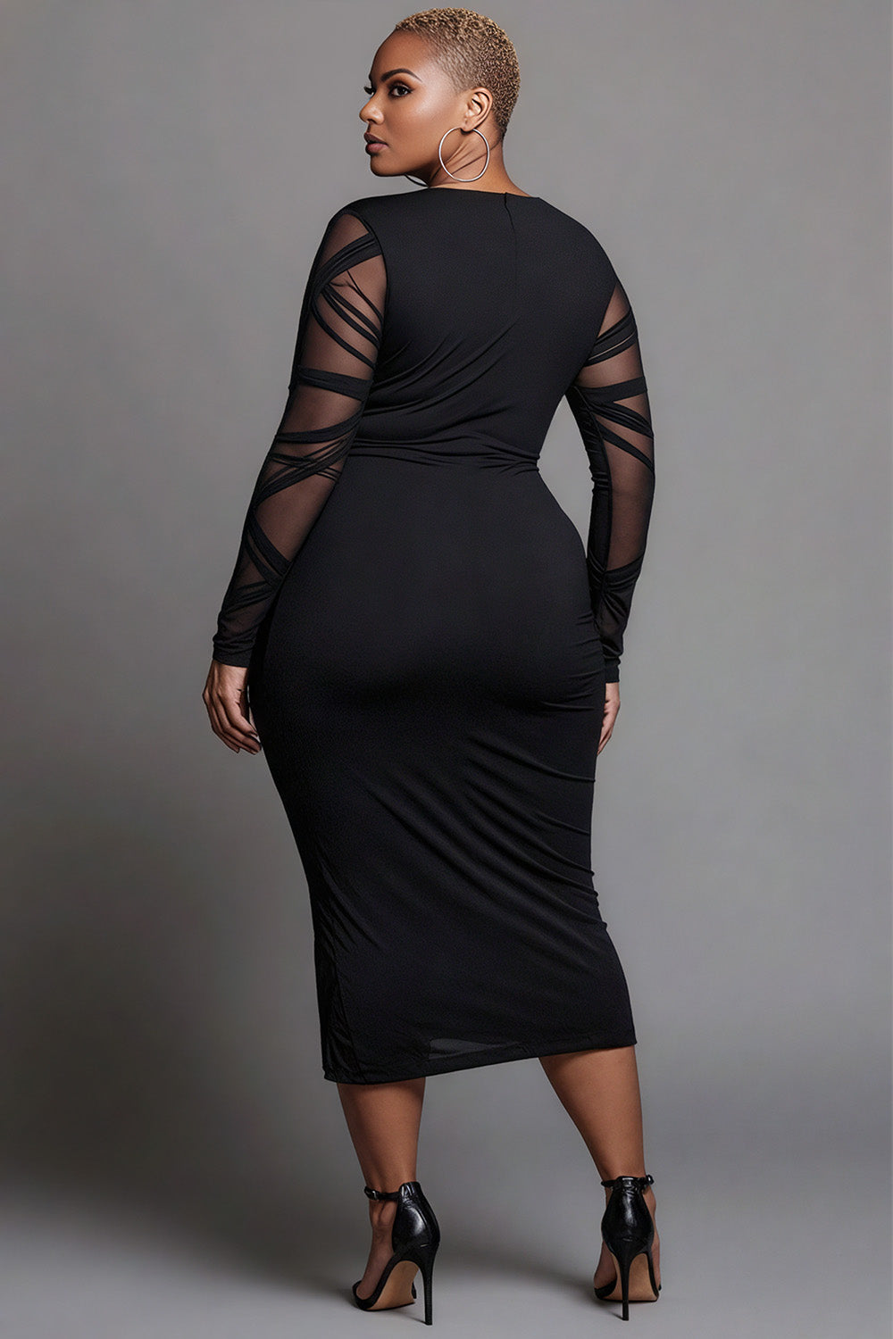 Xpluswear Design Plus Size Party Black Wrap Neck Long Sleeve Bodycon See Through Midi Dresses