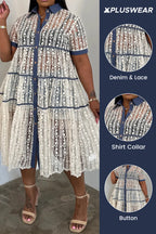 Plus Size Party Casual Lace White Shirt Collar Short Sleeve Contrast Button Tencel Denim Midi Dresses
