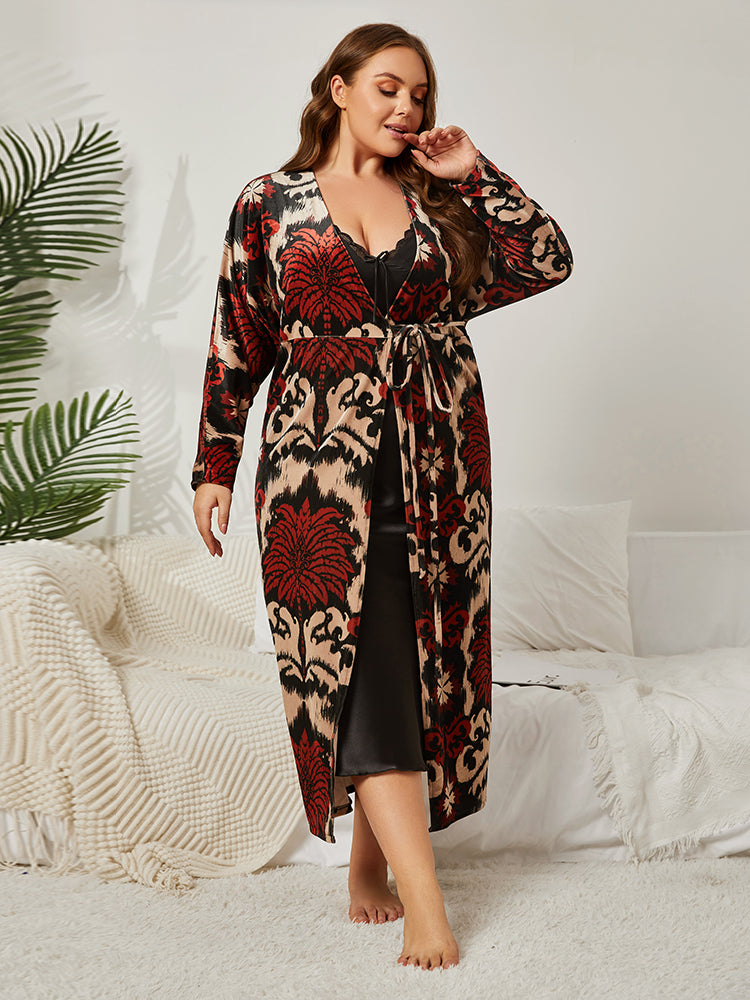 Plus Floral Velvet Tie Front Pajama