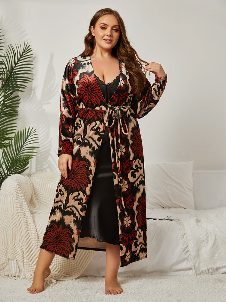 Plus Floral Velvet Tie Front Pajama