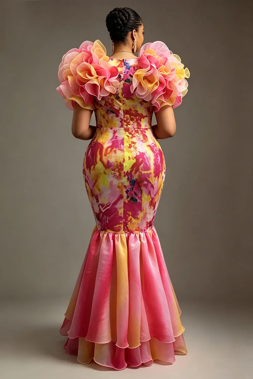 Xpluswear Design Plus Size Formal Multicolor Gradient V Neck Flutter Sleeve Mermaid Ruffle Tulle Maxi Dresses