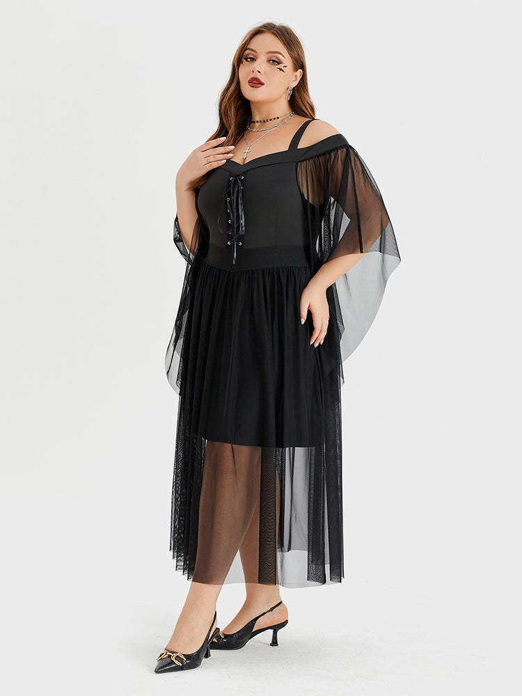 VIP Halloween Drawstring Front Cold Shoulder Mesh Midi Dress