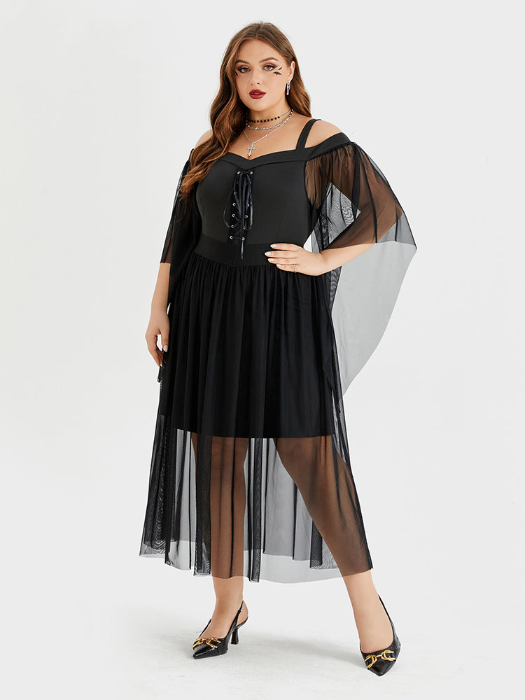 VIP Halloween Drawstring Front Cold Shoulder Mesh Midi Dress