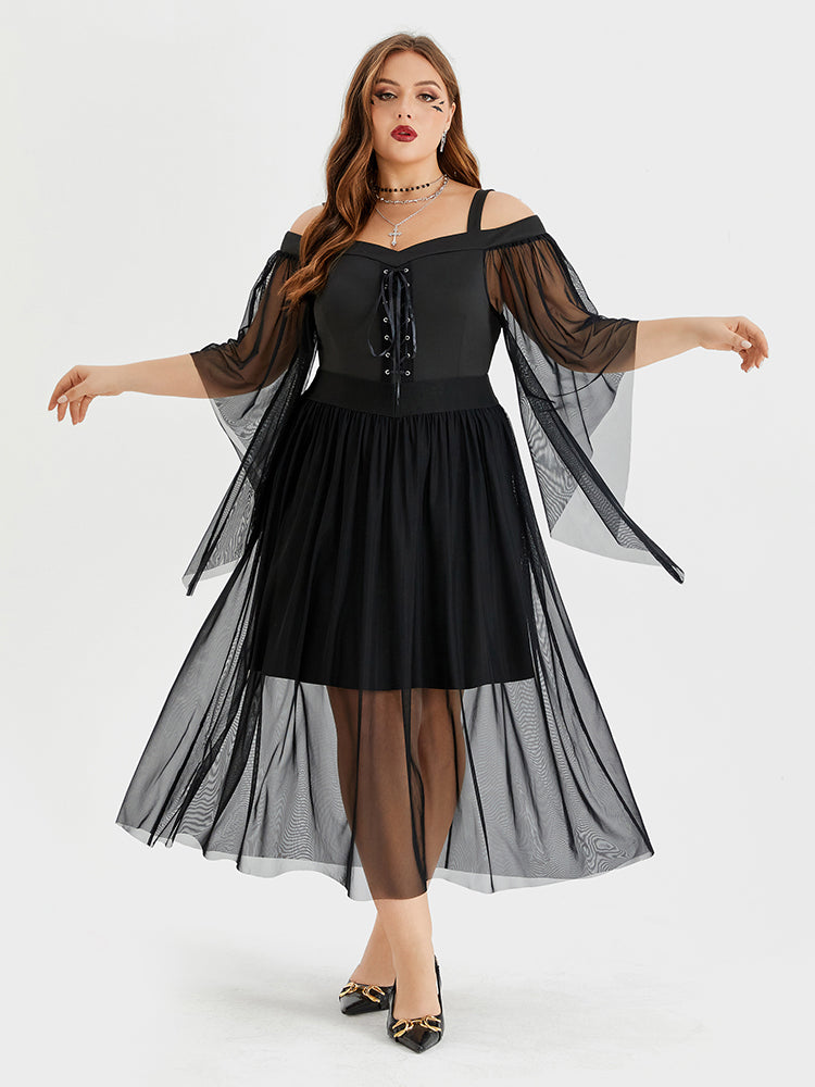 VIP Halloween Drawstring Front Cold Shoulder Mesh Midi Dress