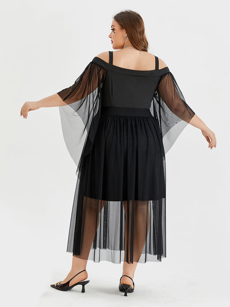 VIP Halloween Drawstring Front Cold Shoulder Mesh Midi Dress