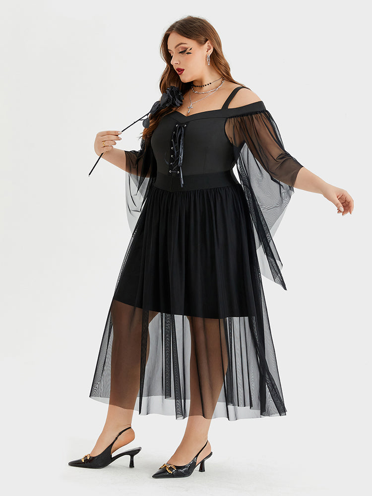 VIP Halloween Drawstring Front Cold Shoulder Mesh Midi Dress