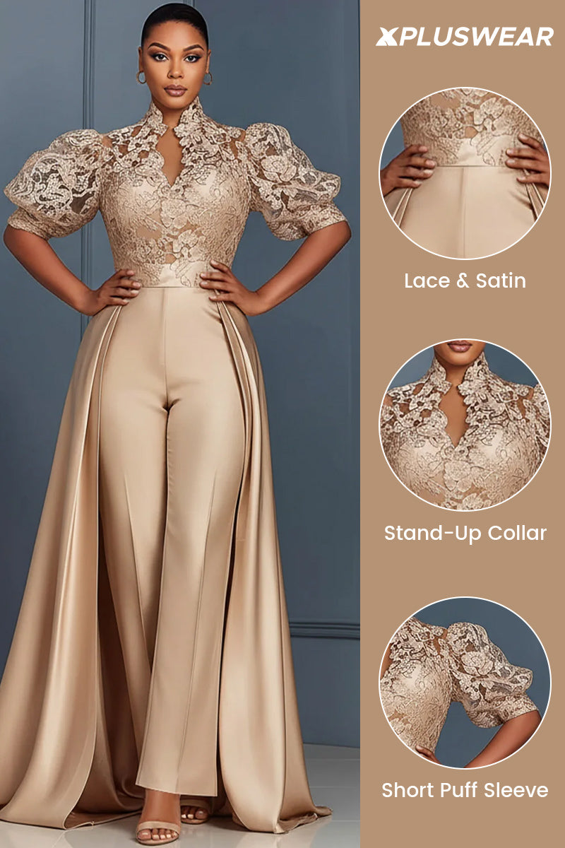 Xpluswear Design Plus Size Formal Satin Champagne Stand-Up Collar Puff Sleeve Short Sleeve Pocket With Skirt Overlay Lace Jumpsuits