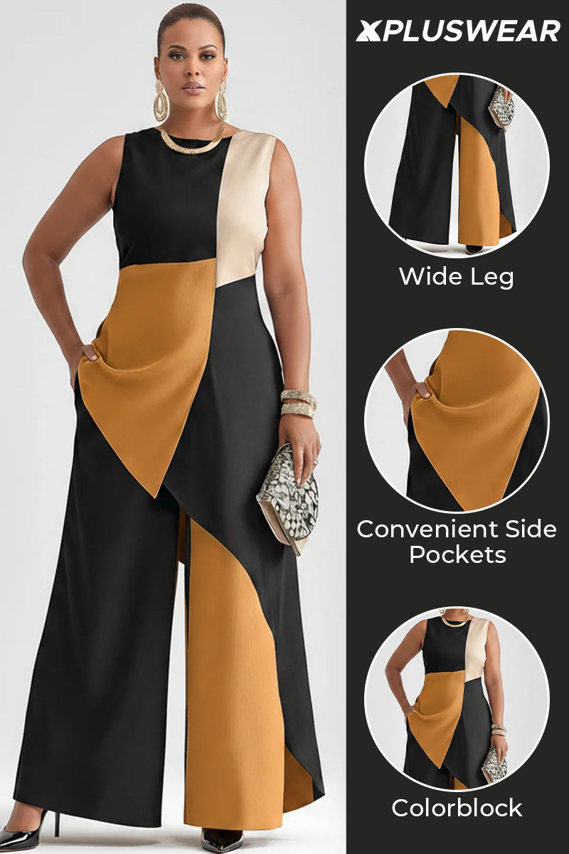 Xpluswear Design Plus Size Business Casual Multicolor Colorblock Round Neck Asymmetric Hem Pocket Two Piece Pant Sets