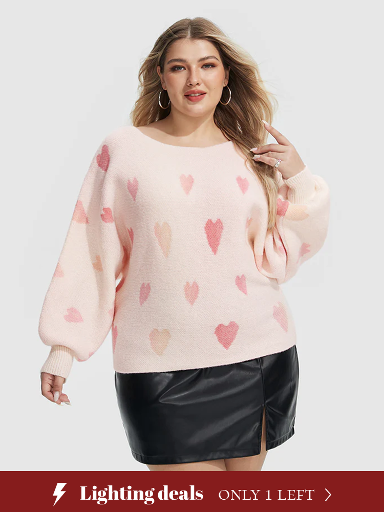 Heart Pattern Boat Neck Sweater