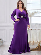 V-Neck Velvet Belt Maxi Dress
