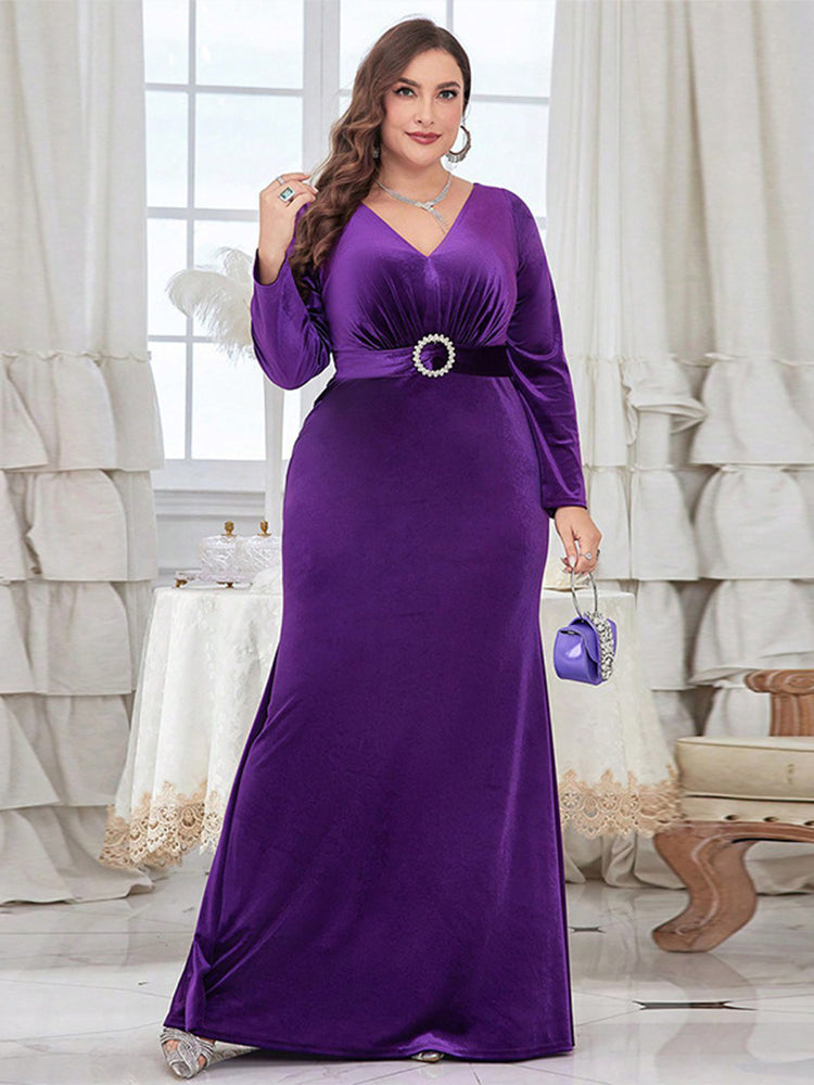 V-Neck Velvet Belt Maxi Dress